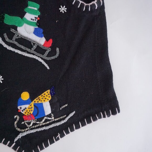 Vintage Victoria Jones Black Holiday Ski Snowman Vest Cotton Festive Grandpa L - Picture 4 of 10